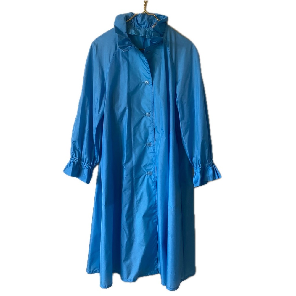 80s/90s Vintage Aqua Blue Nylon Midi Button Coat/ Trench/ Raincoat